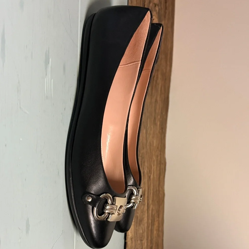 kate spade Black Leather Loafers with Gold Hardware
